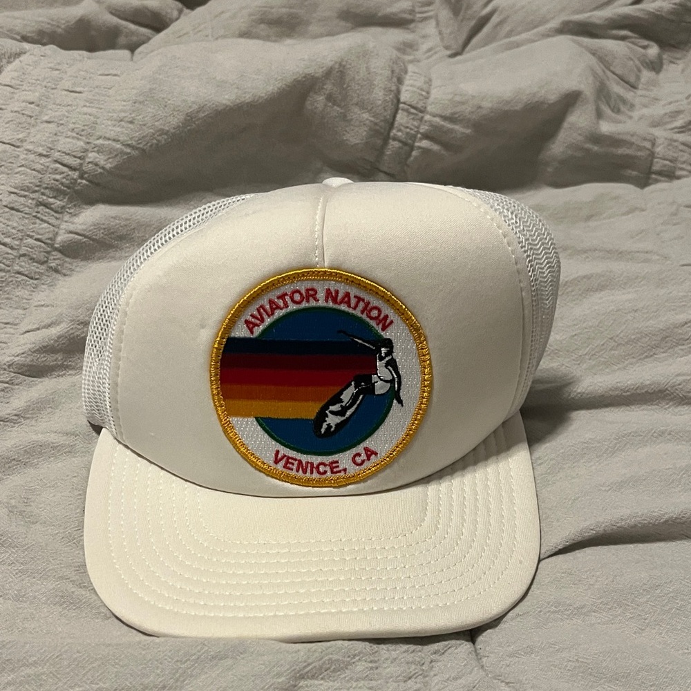 Aviator Nation White Trucker Hat with Rainbow Surf Patch